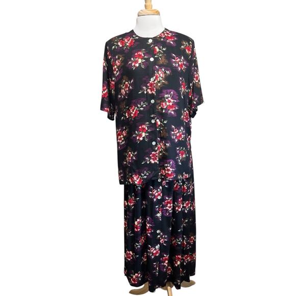 Vtg KATHIE LEE Black Red Tropical FLORAL 2 Piece Set Rayon Top Skirt PLUS 16W - Picture 1 of 8